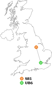 map showing distance between S81 and UB6