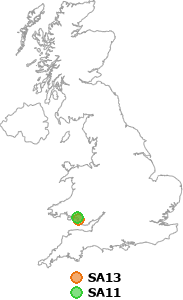map showing distance between SA13 and SA11
