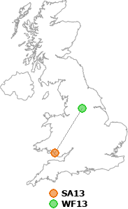 map showing distance between SA13 and WF13