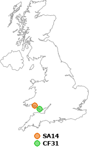 map showing distance between SA14 and CF31