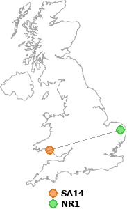 map showing distance between SA14 and NR1