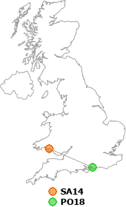 map showing distance between SA14 and PO18