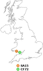 map showing distance between SA15 and CF72