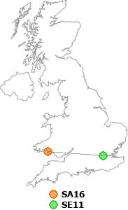 map showing distance between SA16 and SE11