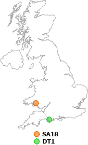 map showing distance between SA18 and DT1