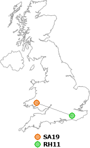 map showing distance between SA19 and RH11