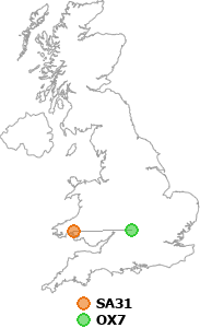 map showing distance between SA31 and OX7