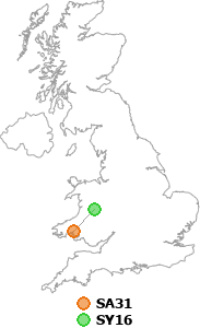 map showing distance between SA31 and SY16