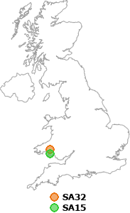 map showing distance between SA32 and SA15