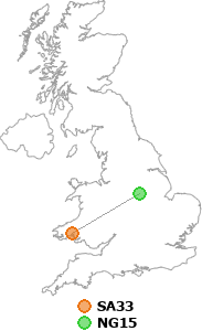 map showing distance between SA33 and NG15