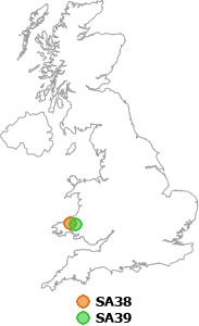 map showing distance between SA38 and SA39