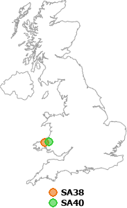 map showing distance between SA38 and SA40