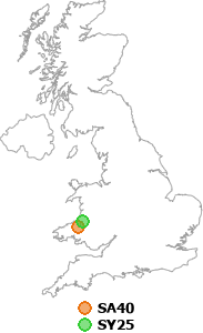 map showing distance between SA40 and SY25