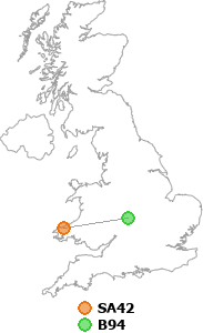 map showing distance between SA42 and B94