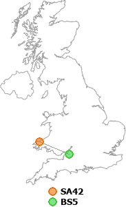 map showing distance between SA42 and BS5