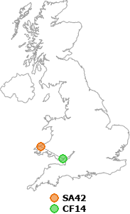 map showing distance between SA42 and CF14