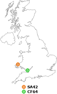map showing distance between SA42 and CF64