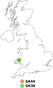 map showing distance between SA44 and SA38