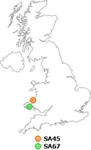map showing distance between SA45 and SA67