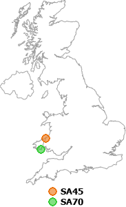 map showing distance between SA45 and SA70