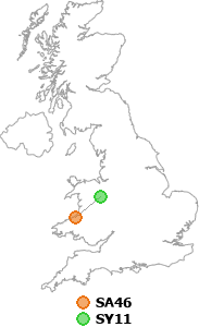map showing distance between SA46 and SY11
