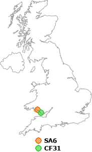 map showing distance between SA6 and CF31