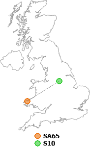 map showing distance between SA65 and S10
