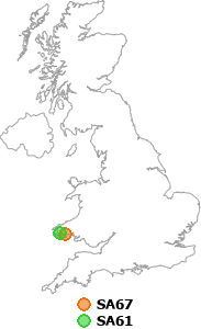 map showing distance between SA67 and SA61