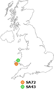 map showing distance between SA72 and SA43