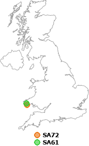 map showing distance between SA72 and SA61