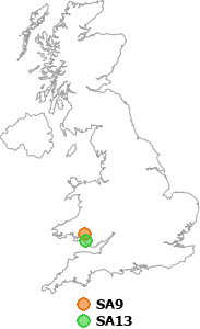 map showing distance between SA9 and SA13