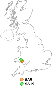 map showing distance between SA9 and SA19