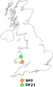 map showing distance between SA9 and SY23