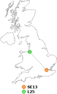 map showing distance between SE13 and L25
