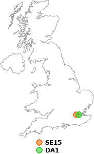 map showing distance between SE15 and DA1