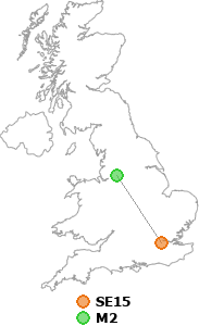 map showing distance between SE15 and M2