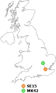 map showing distance between SE15 and MK42