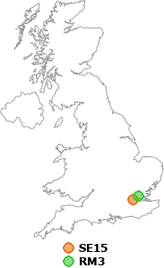map showing distance between SE15 and RM3