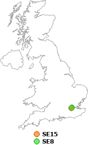 map showing distance between SE15 and SE8