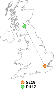 map showing distance between SE18 and EH47