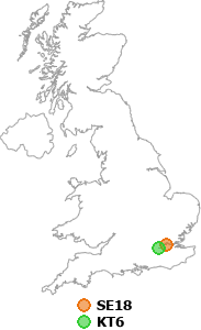 map showing distance between SE18 and KT6