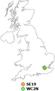 map showing distance between SE19 and WC2N