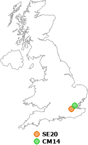 map showing distance between SE20 and CM14