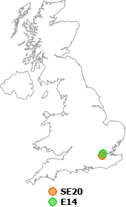 map showing distance between SE20 and E14
