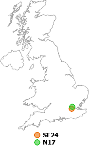 map showing distance between SE24 and N17