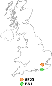 map showing distance between SE25 and BN1