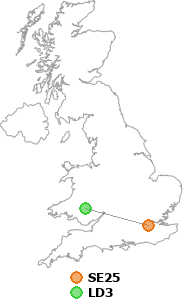 map showing distance between SE25 and LD3