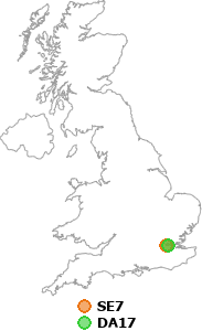 map showing distance between SE7 and DA17