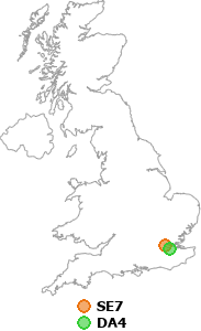 map showing distance between SE7 and DA4