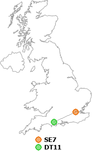 map showing distance between SE7 and DT11